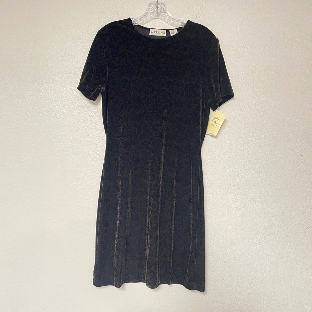VTG Merona Velvet Damask Mini Dress‎ Size M Black Espresso 90s Grunge Whimsigoth